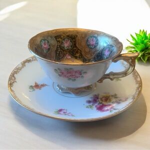 Antique Austria Porcelain Cup & Saucer Hand Painted Floral Gilt Gold Trim
